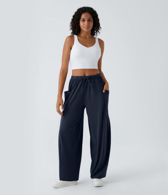 Mid Rise Elastic Waistband Drawstring Pocket Palazzo Flowy Wide Leg Casual Pants