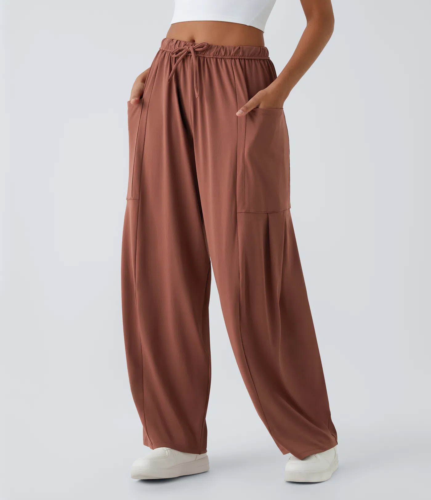 Palazzo Flowy Hose mit weitem Bein, mittelhohem elastischem Bund, Kordelzug und Seitentaschen