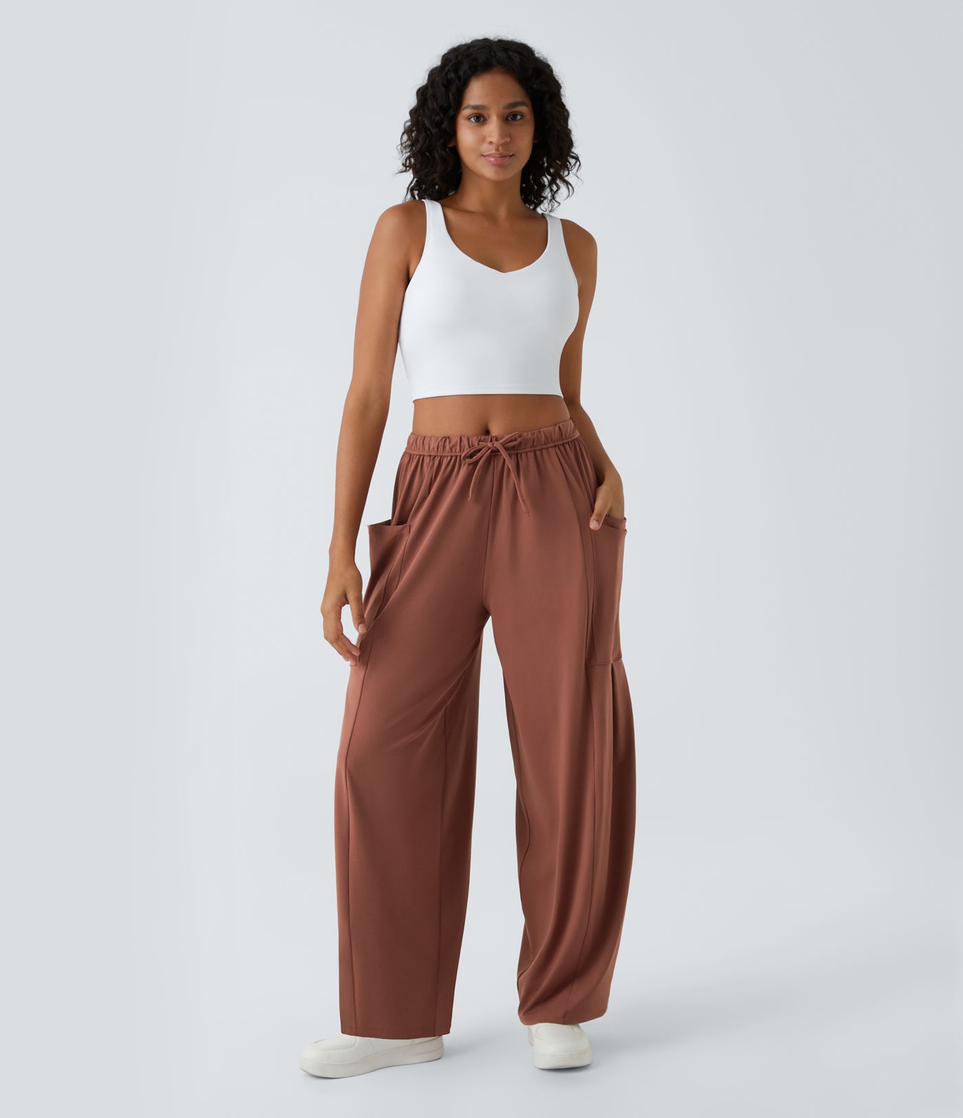 Mid Rise Elastic Waistband Drawstring Side Pocket Palazzo Flowy Wide Leg Casual Pants