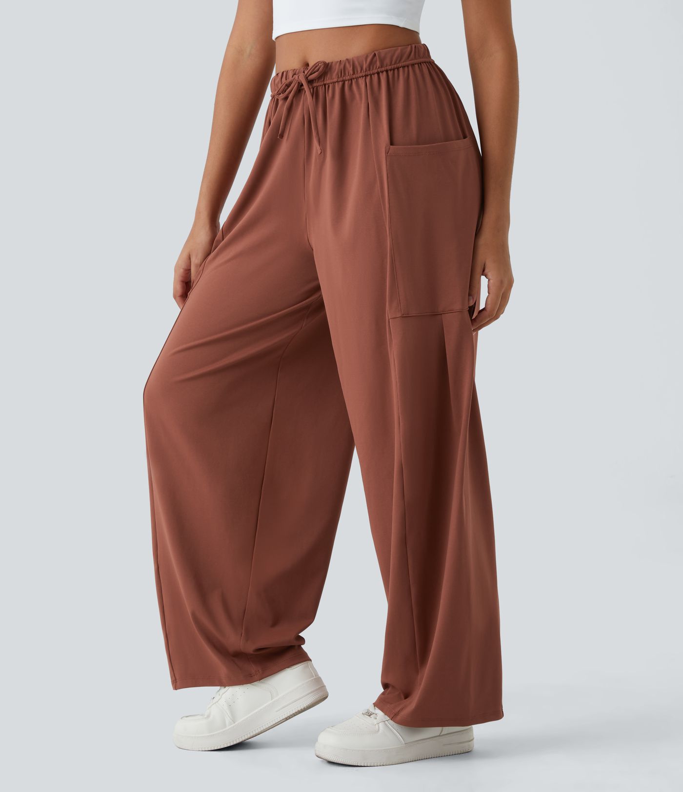 Mid Rise Elastic Waistband Drawstring Side Pocket Palazzo Flowy Wide Leg Casual Pants