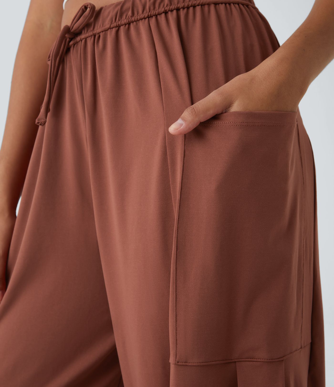 Mid Rise Elastic Waistband Drawstring Side Pocket Palazzo Flowy Wide Leg Casual Pants