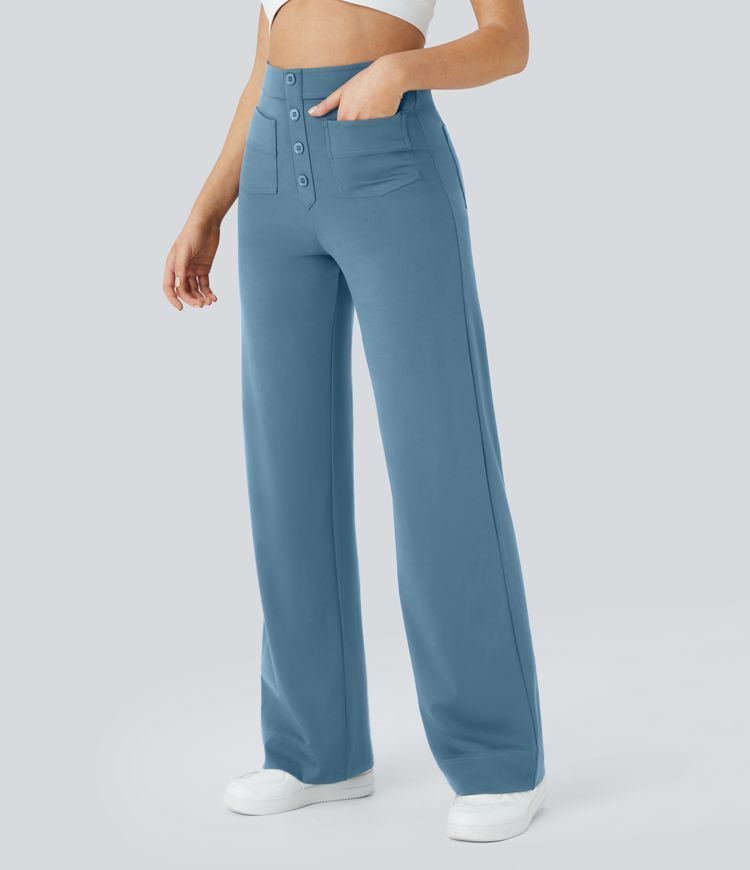 High Waisted Pockets Straight Leg Casual Pants
