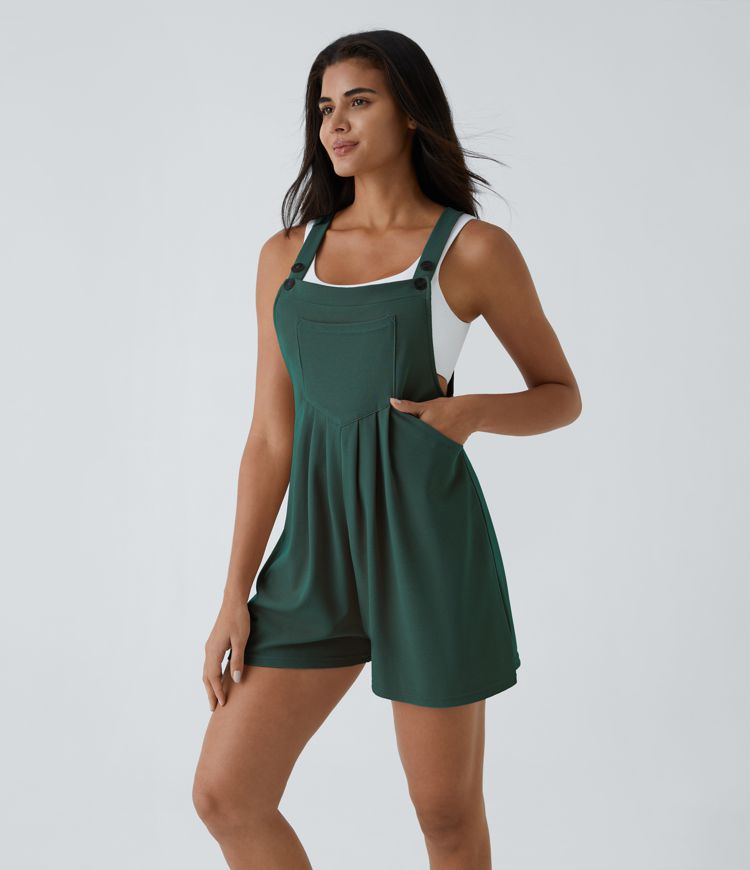 Salopette décontractée gaufrée à plis, boutons, bretelles réglables et multiples poches