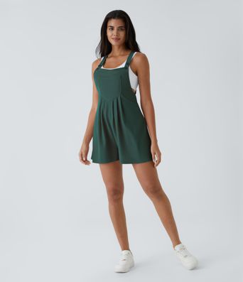 Salopette décontractée gaufrée à plis, boutons, bretelles réglables et multiples poches