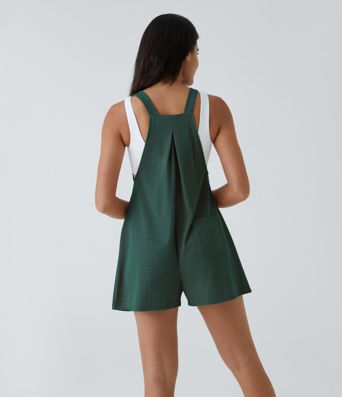 Salopette décontractée gaufrée à plis, boutons, bretelles réglables et multiples poches