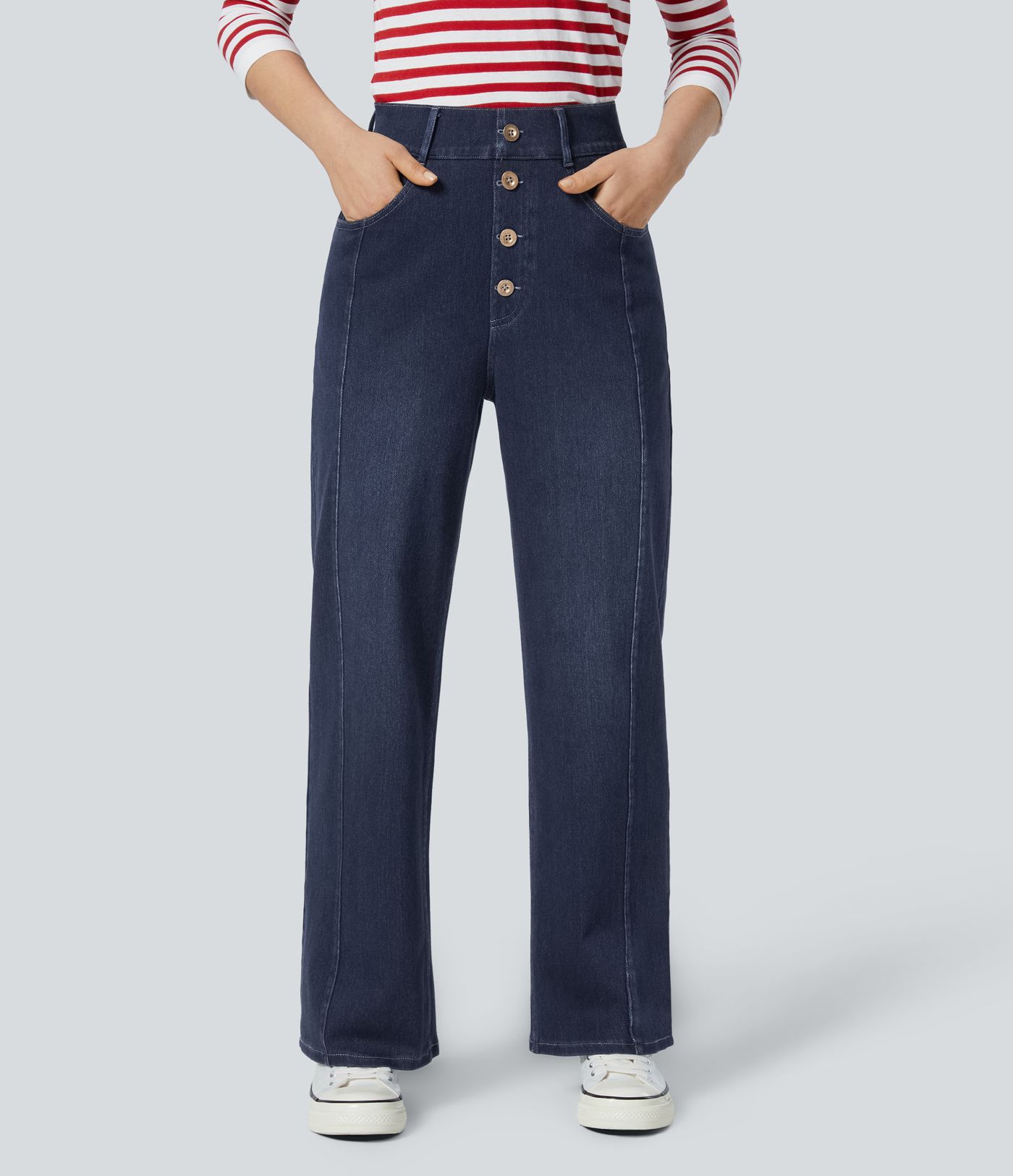 Halara Flex™ high waist decorative button multiple pocket straight leg stretchy knit casual boyfriend jeans