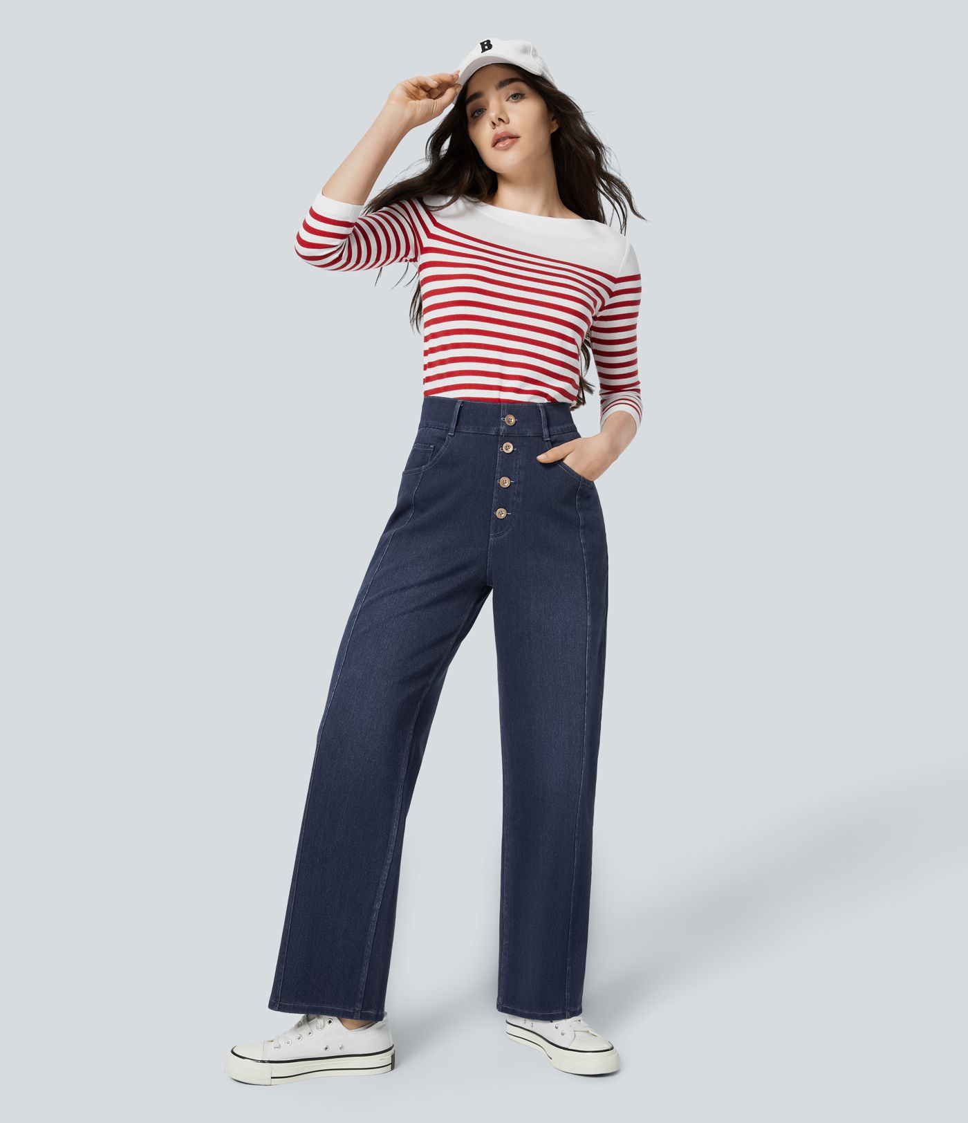 Halara Flex™ high waist decorative button multiple pocket straight leg stretchy knit casual boyfriend jeans