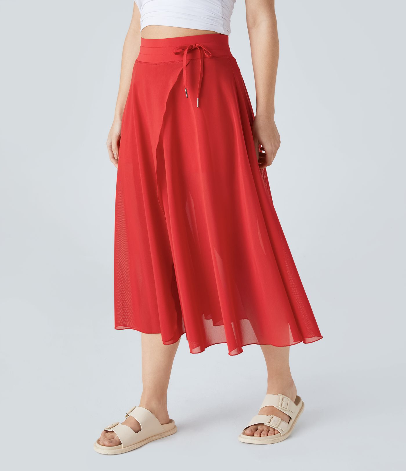 Jupe Casual Évasée Mesh Mi-Longue Fuide 2 en 1 Contrastée Taille Haute Cordon Poche Latérale Jupe Casual Évasée Mesh Mi-Longue Fuide 2 en 1 Contrastée Taille Haute Cordon Poche Latérale