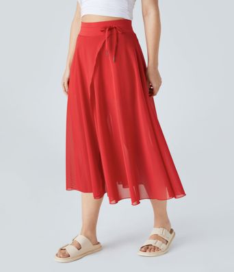 Jupe Casual Évasée Mesh Mi-Longue Fuide 2 en 1 Contrastée Taille Haute Cordon Poche Latérale Jupe Casual Évasée Mesh Mi-Longue Fuide 2 en 1 Contrastée Taille Haute Cordon Poche Latérale