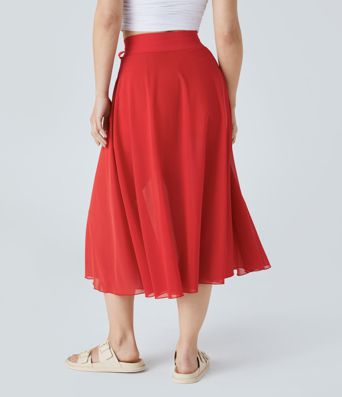 Jupe Casual Évasée Mesh Mi-Longue Fuide 2 en 1 Contrastée Taille Haute Cordon Poche Latérale Jupe Casual Évasée Mesh Mi-Longue Fuide 2 en 1 Contrastée Taille Haute Cordon Poche Latérale