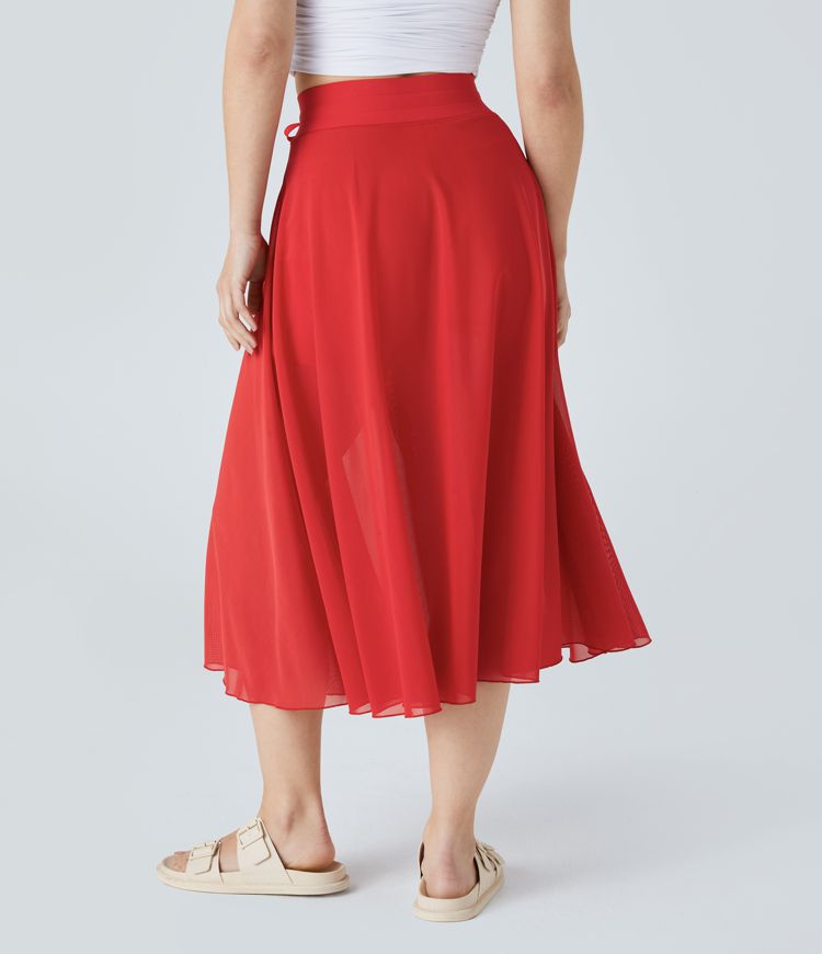 Jupe Casual Évasée Mesh Mi-Longue Fuide 2 en 1 Contrastée Taille Haute Cordon Poche Latérale Jupe Casual Évasée Mesh Mi-Longue Fuide 2 en 1 Contrastée Taille Haute Cordon Poche Latérale