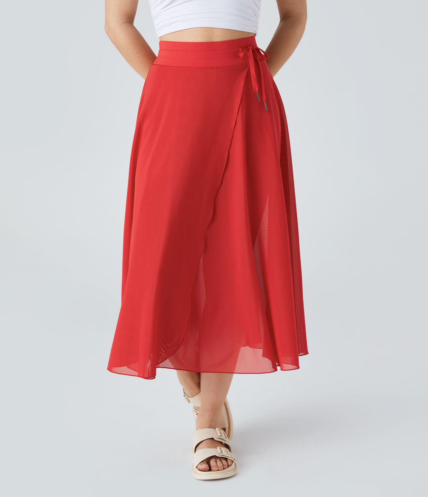 Jupe Casual Évasée Mesh Mi-Longue Fuide 2 en 1 Contrastée Taille Haute Cordon Poche Latérale Jupe Casual Évasée Mesh Mi-Longue Fuide 2 en 1 Contrastée Taille Haute Cordon Poche Latérale