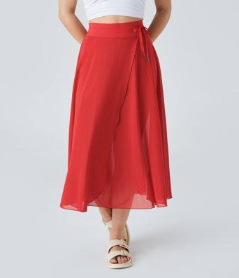 Jupe Casual Évasée Mesh Mi-Longue Fuide 2 en 1 Contrastée Taille Haute Cordon Poche Latérale Jupe Casual Évasée Mesh Mi-Longue Fuide 2 en 1 Contrastée Taille Haute Cordon Poche Latérale