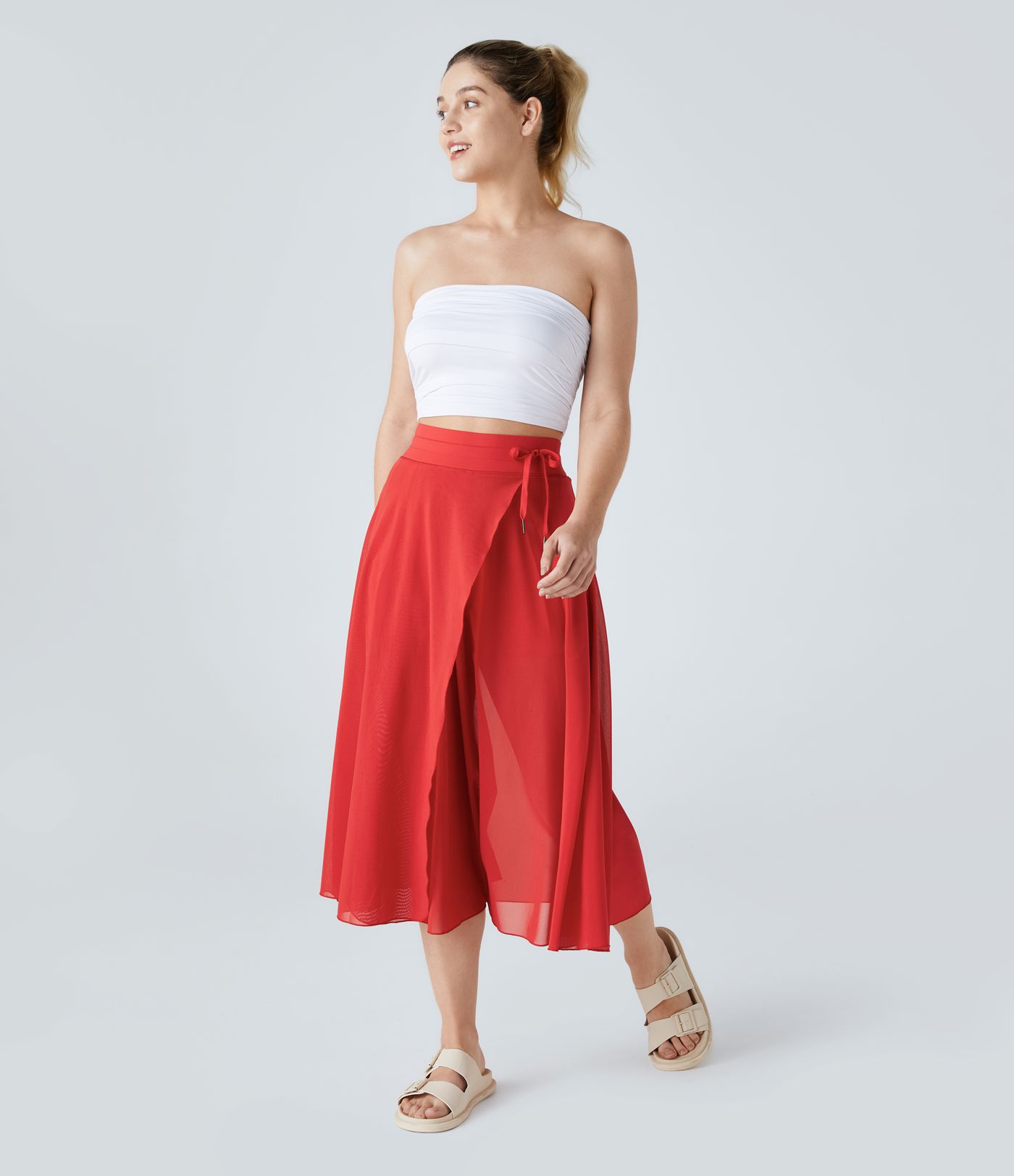 Jupe Casual Évasée Mesh Mi-Longue Fuide 2 en 1 Contrastée Taille Haute Cordon Poche Latérale Jupe Casual Évasée Mesh Mi-Longue Fuide 2 en 1 Contrastée Taille Haute Cordon Poche Latérale