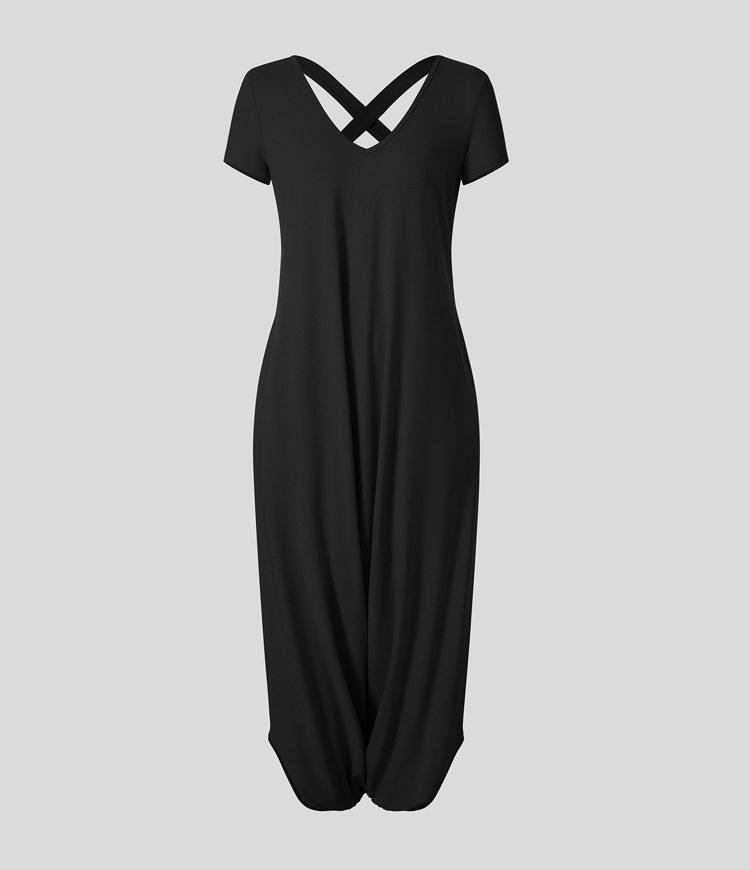 Mono vacación cuello en V manga corta bolsillo lateral cruzado entrepierna caída