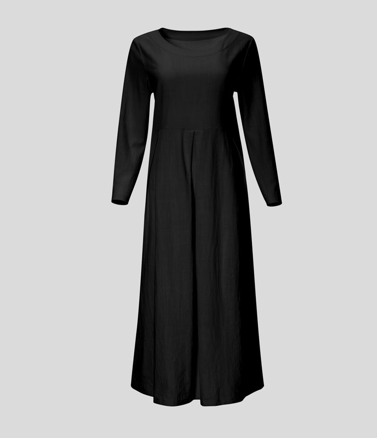 Round Neck Long Sleeve Side Pocket Solid Relaxed Midi Casual Linen-Feel Dress