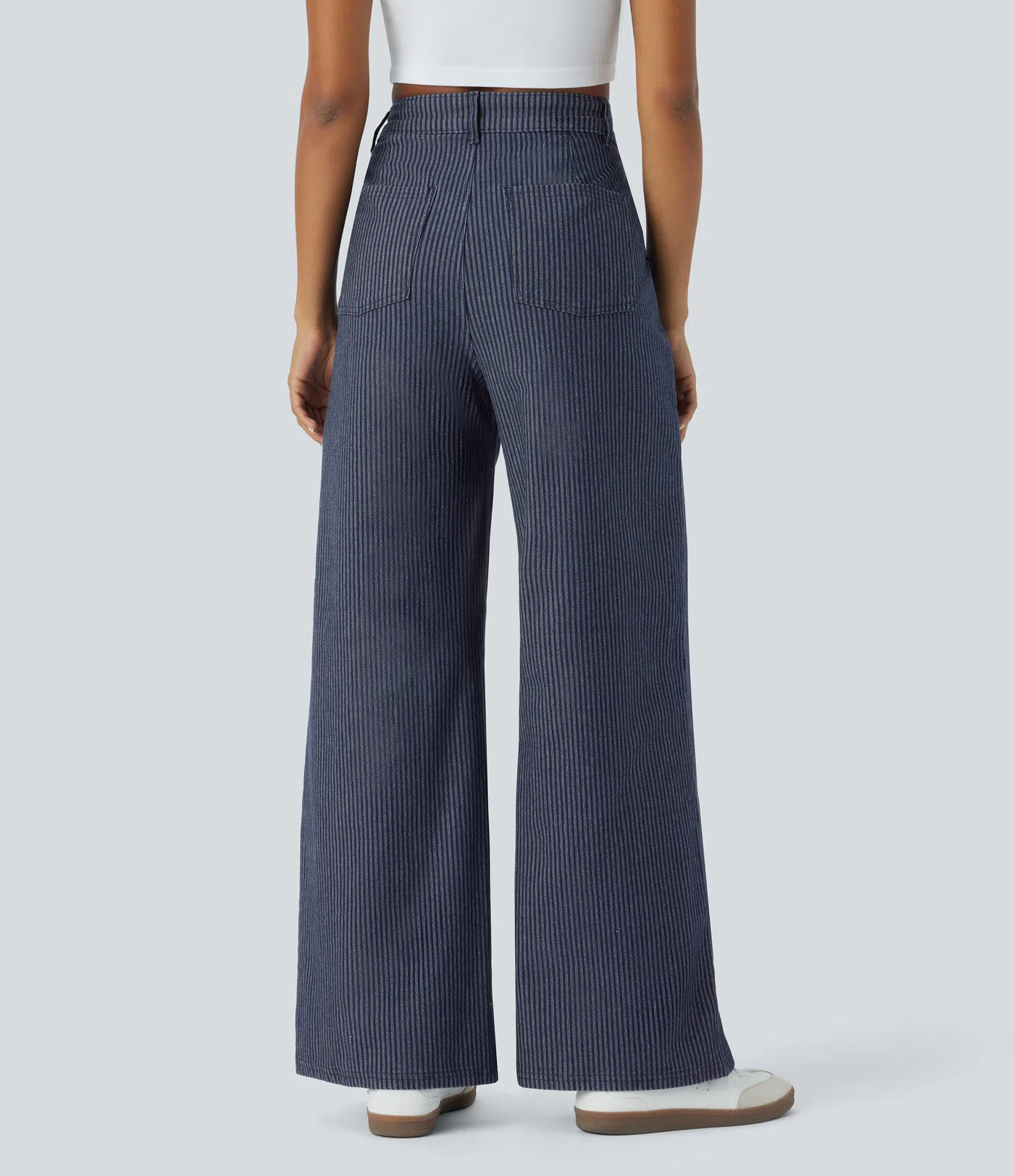 Halara Flex™ High Waisted Multiple Pockets Striped Washed Stretchy Knit Casual Baggy Wide Leg Jeans