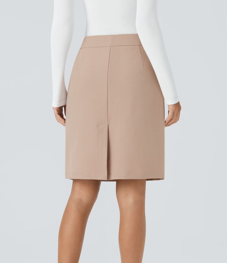 High-waisted invisible zipper side pocket 2-in-1 split straight hem workwear skirt