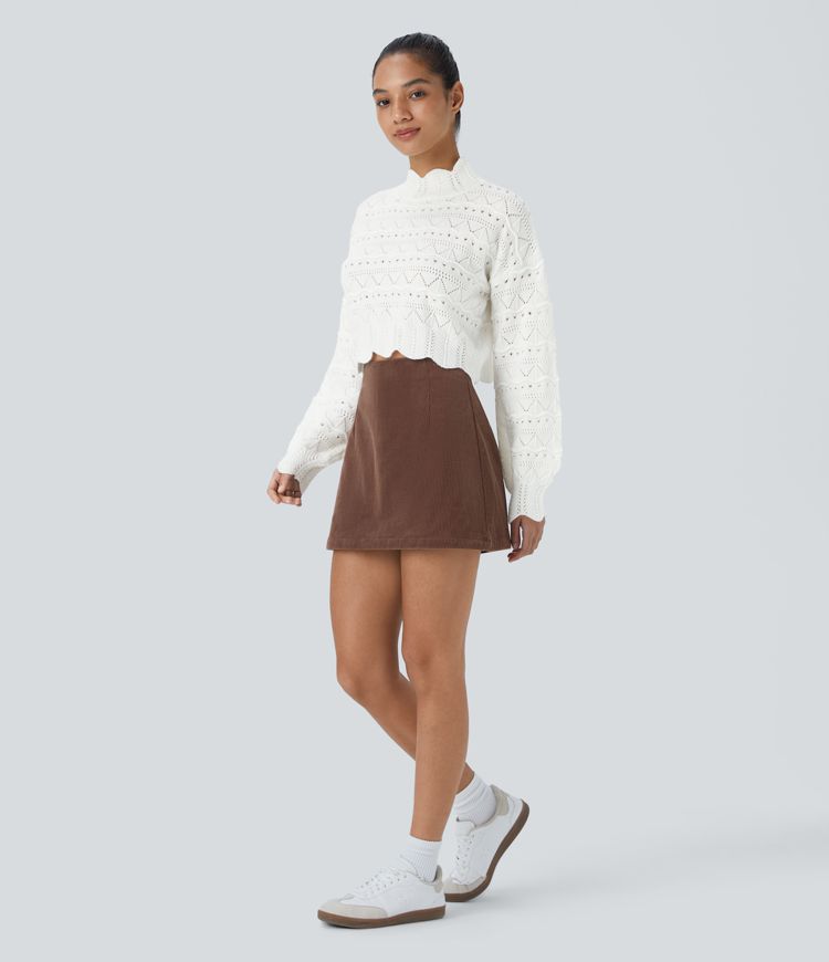 Women’s Mock Neck Sleeve Scallop Hem Open Knit Casual Sweater