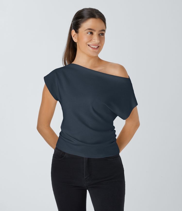 Off Shoulder Short Sleeve Ruched Casual Top