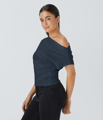 Off Shoulder Short Sleeve Ruched Casual Top