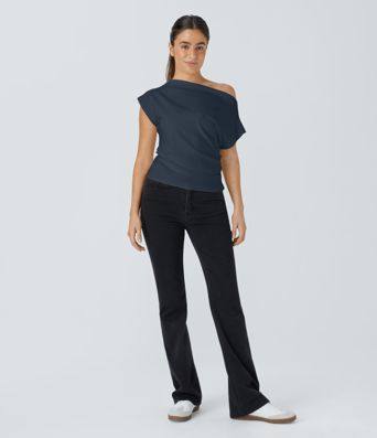 Off Shoulder Short Sleeve Ruched Casual Top