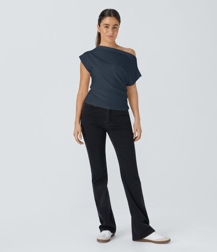 Off Shoulder Short Sleeve Ruched Casual Top