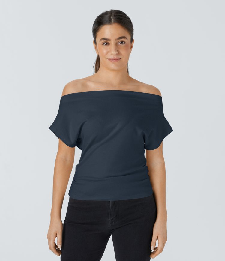Off Shoulder Short Sleeve Ruched Casual Top