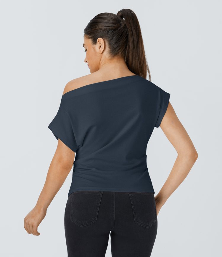 Off Shoulder Short Sleeve Ruched Casual Top