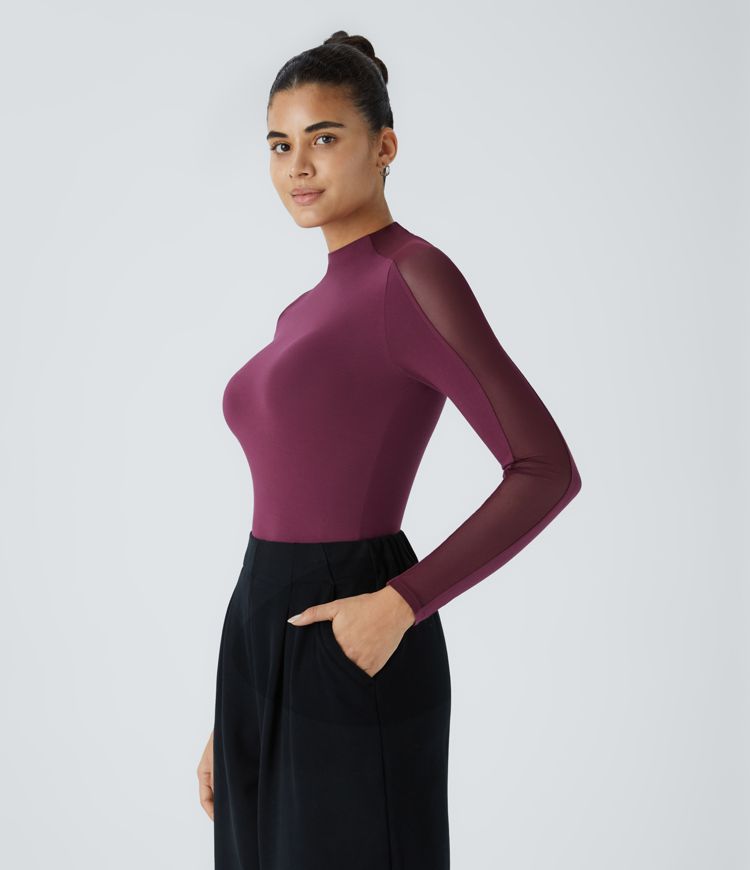 Mesh skinny work look top compared to stand collar raglan long sleeve