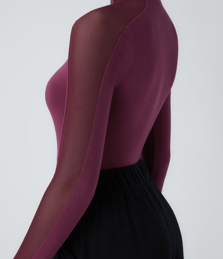 Mesh skinny work look top compared to stand collar raglan long sleeve