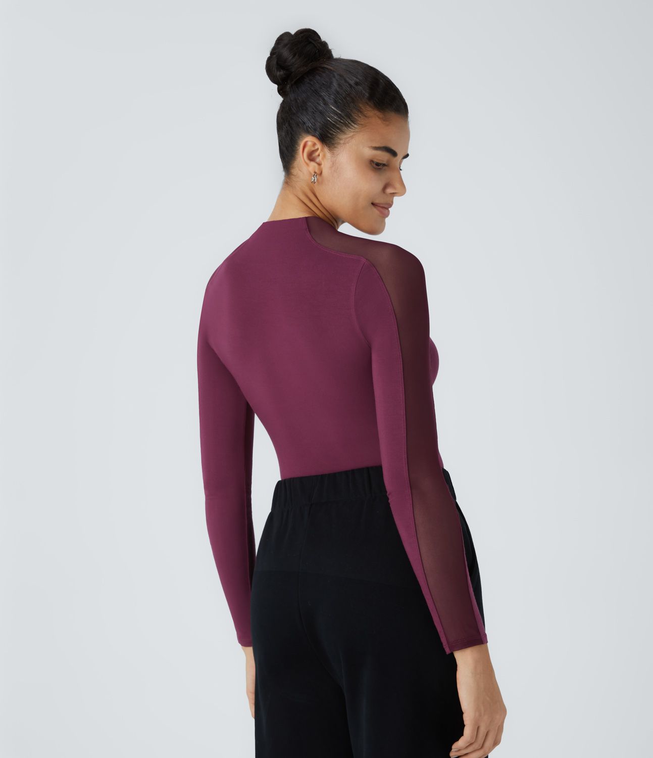 Stand collar raglan long sleeve contrast mesh skinny worklook top