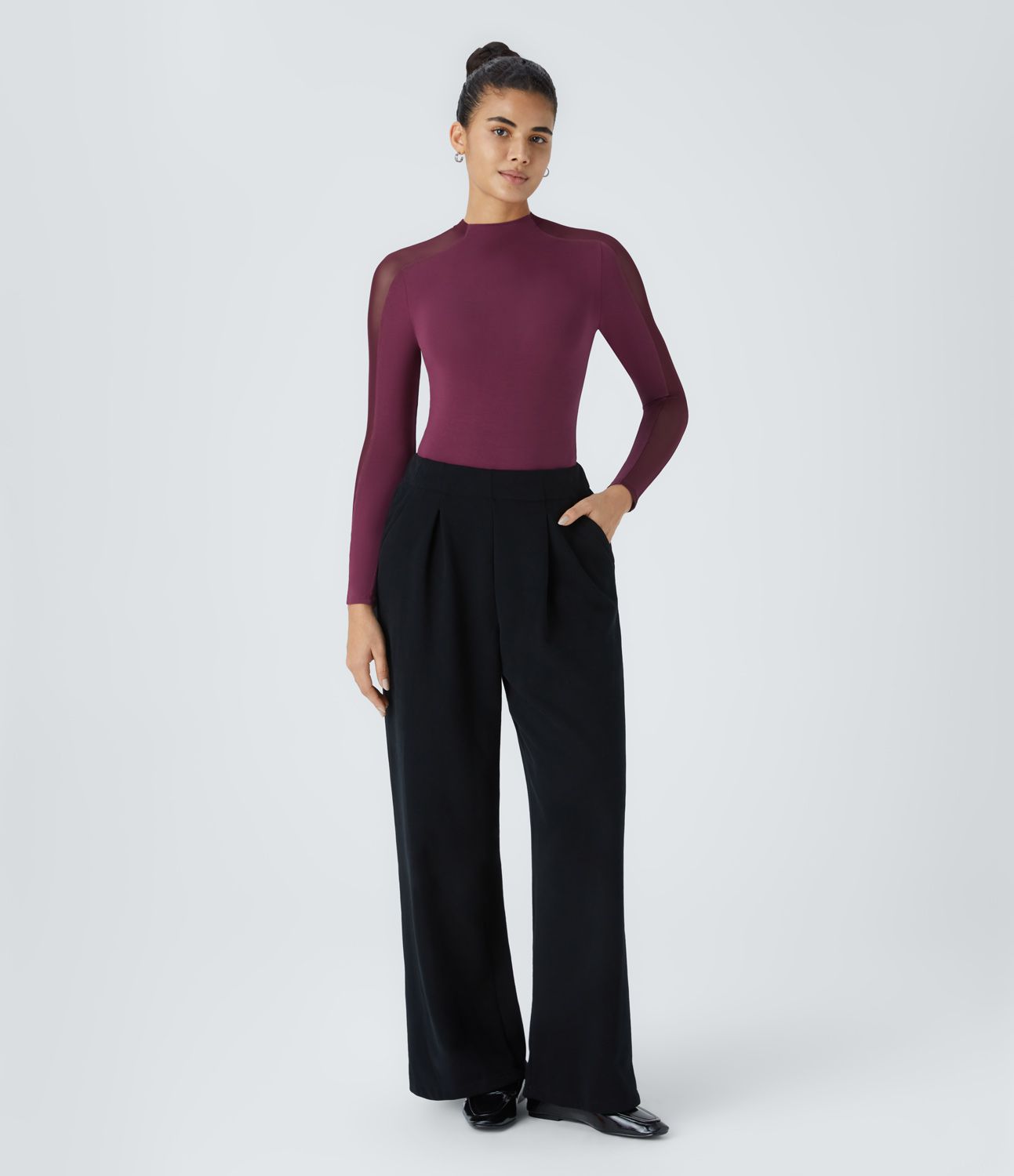 Stand collar raglan long sleeve contrast mesh skinny worklook top