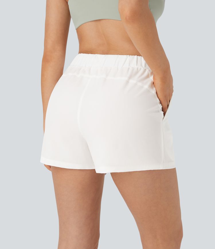 Mid Rise Elastic Waistband Drawstring Ruched Pocket Casual Shorts 3"