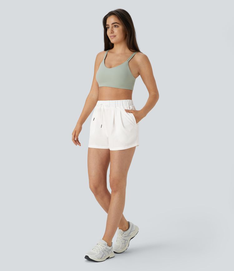 Mid Rise Elastic Waistband Drawstring Ruched Pocket Casual Shorts 3"