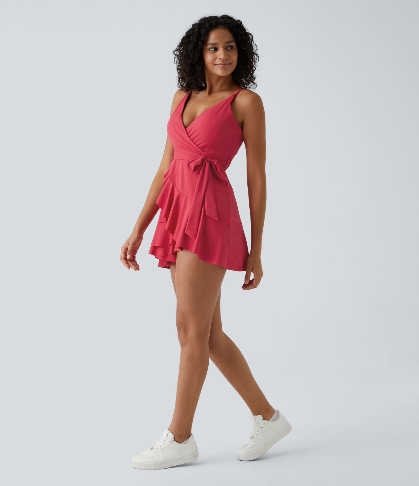 Robe décontractée mini 2-pièces col V liens latéraux volant fluide avec poche A-C