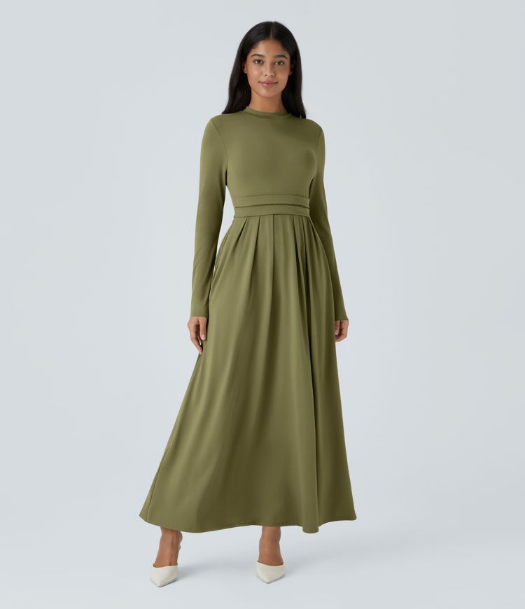 Robe longue décontractée à col montant, manches longues, plissée, avec poches latérales et coupe évasée