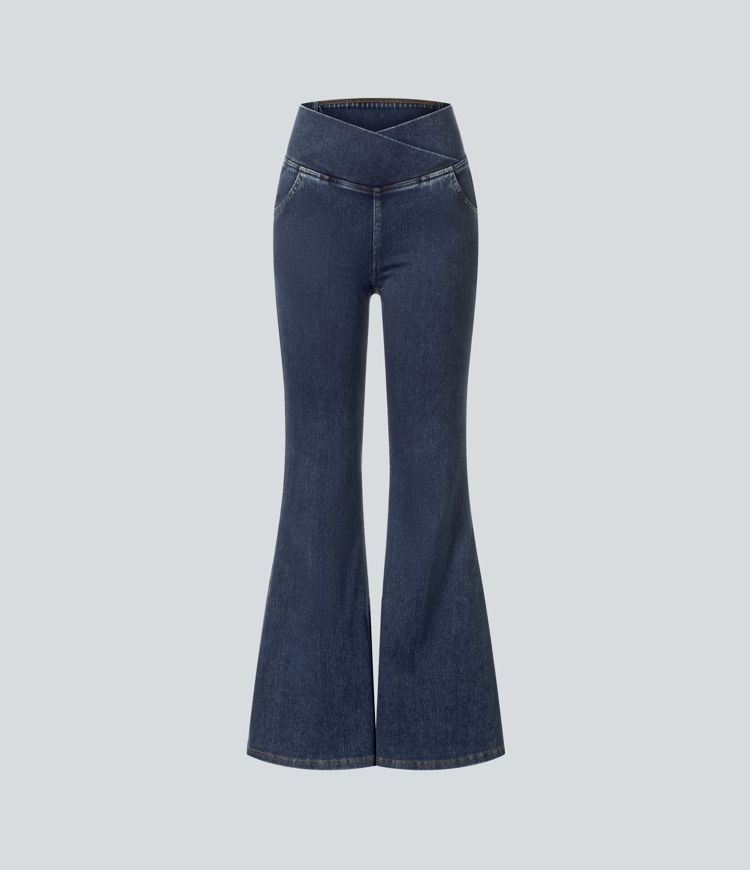 Halara Flex™ - Jean Ultra Evasé Tricot Extensible Lavé Poches Croisées Taille Haute