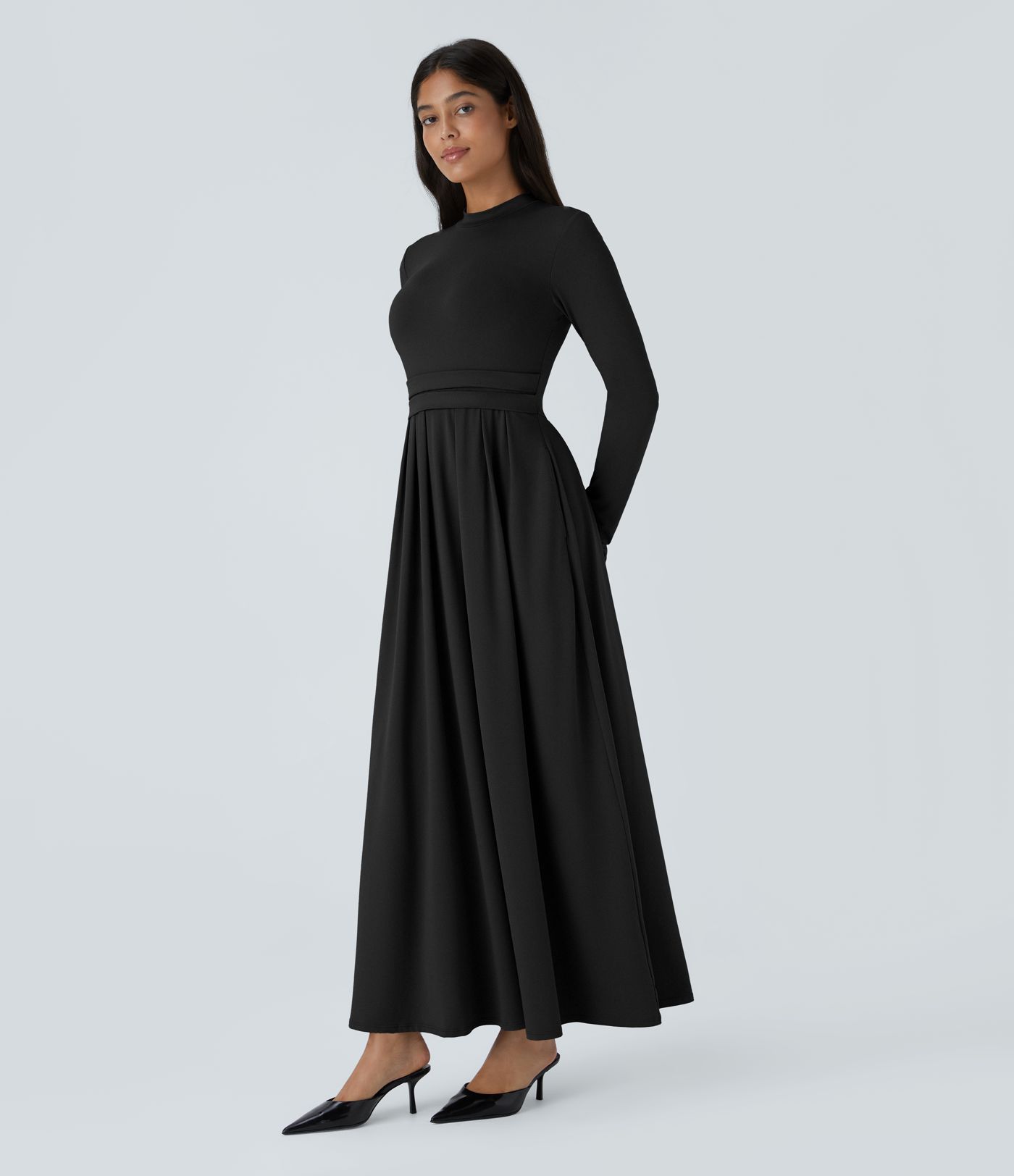 Stand collar long sleeve side pocket flare maxi casual dress