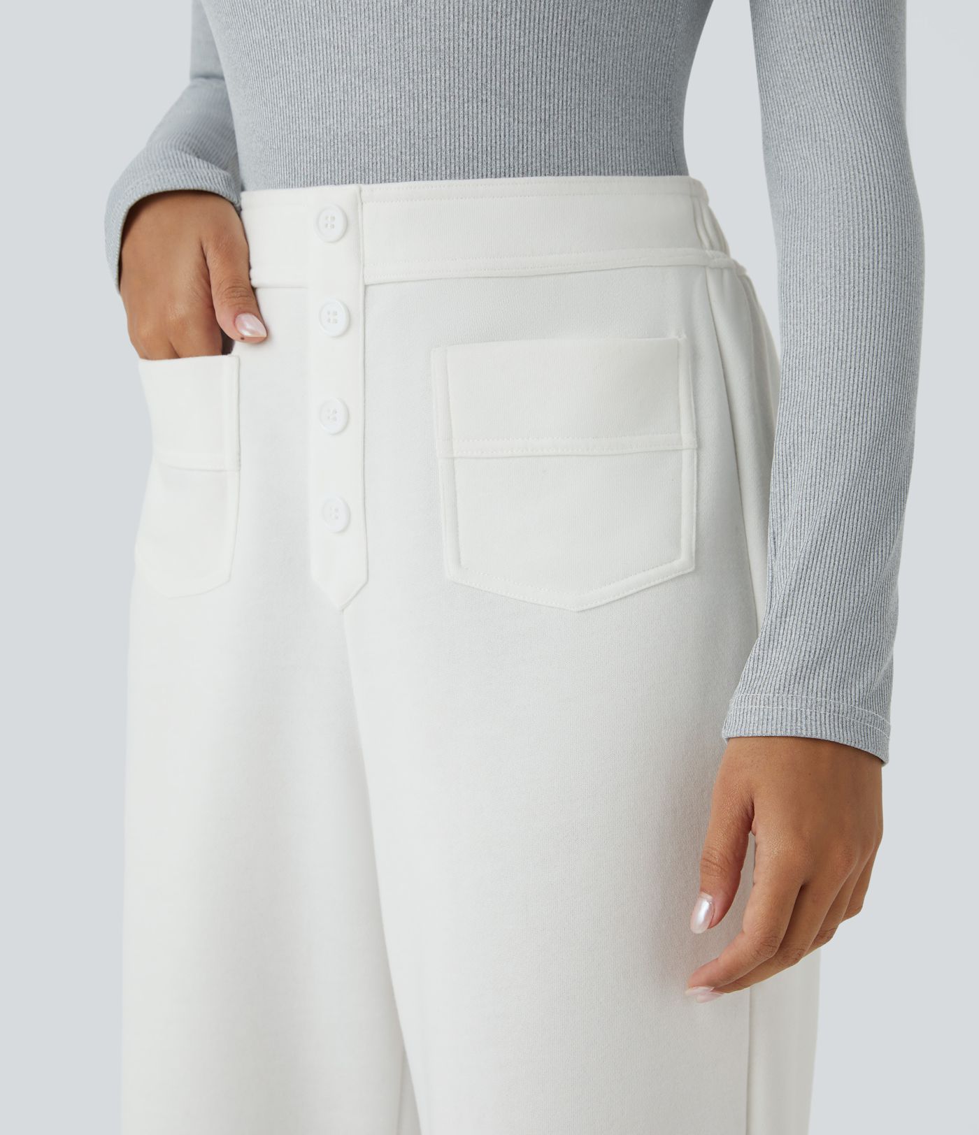 High Waisted Button Multiple Pockets Straight Leg Fleece Casual Trousers