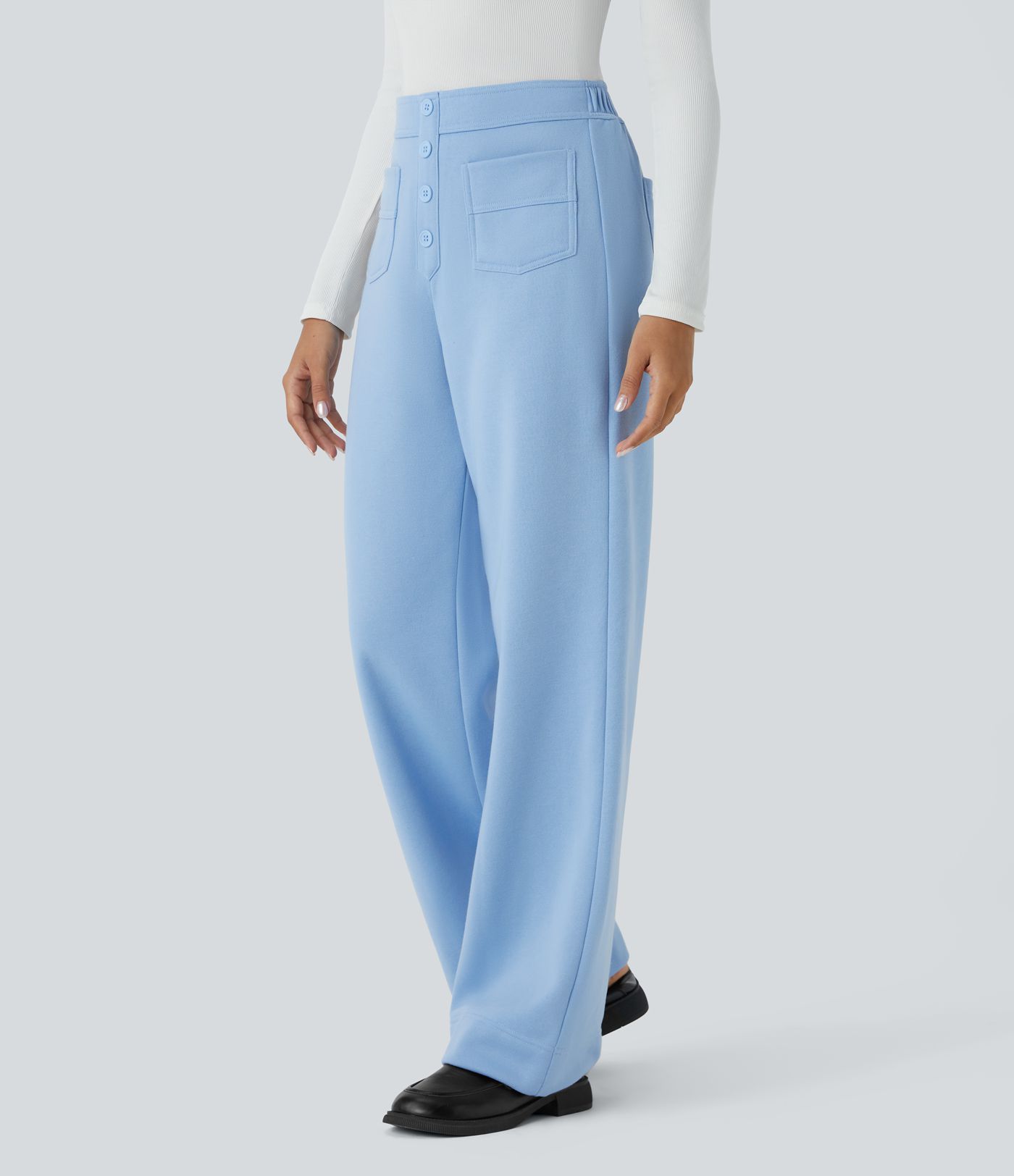 Pantalon Jogging en Fleece Thermique Jambe Droite Boutons Taille Haute Plusieurs Poches