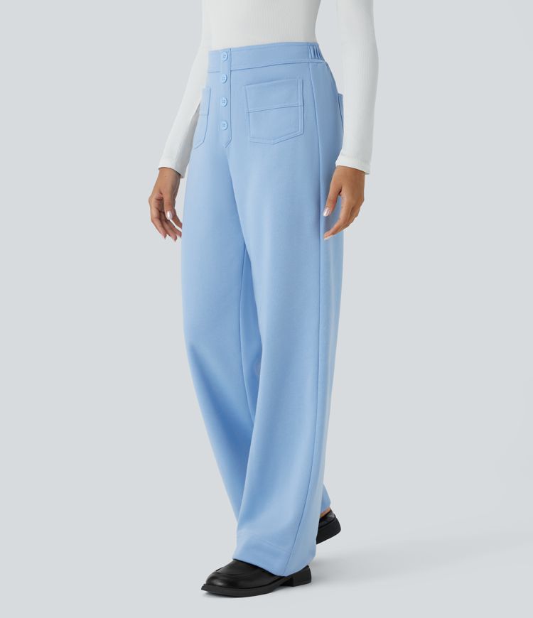 Pantalon Jogging en Fleece Thermique Jambe Droite Boutons Taille Haute Plusieurs Poches