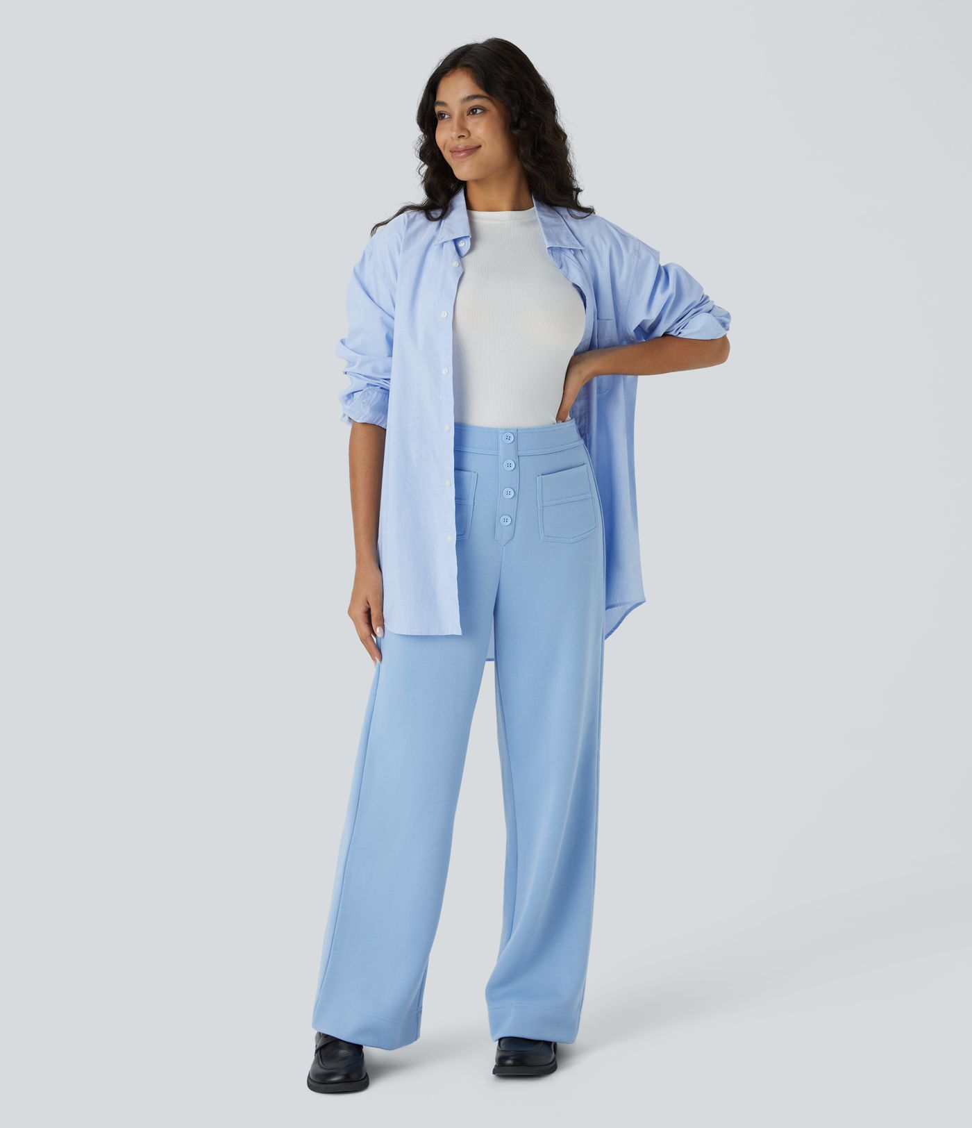 Pantalon Jogging en Fleece Thermique Jambe Droite Boutons Taille Haute Plusieurs Poches