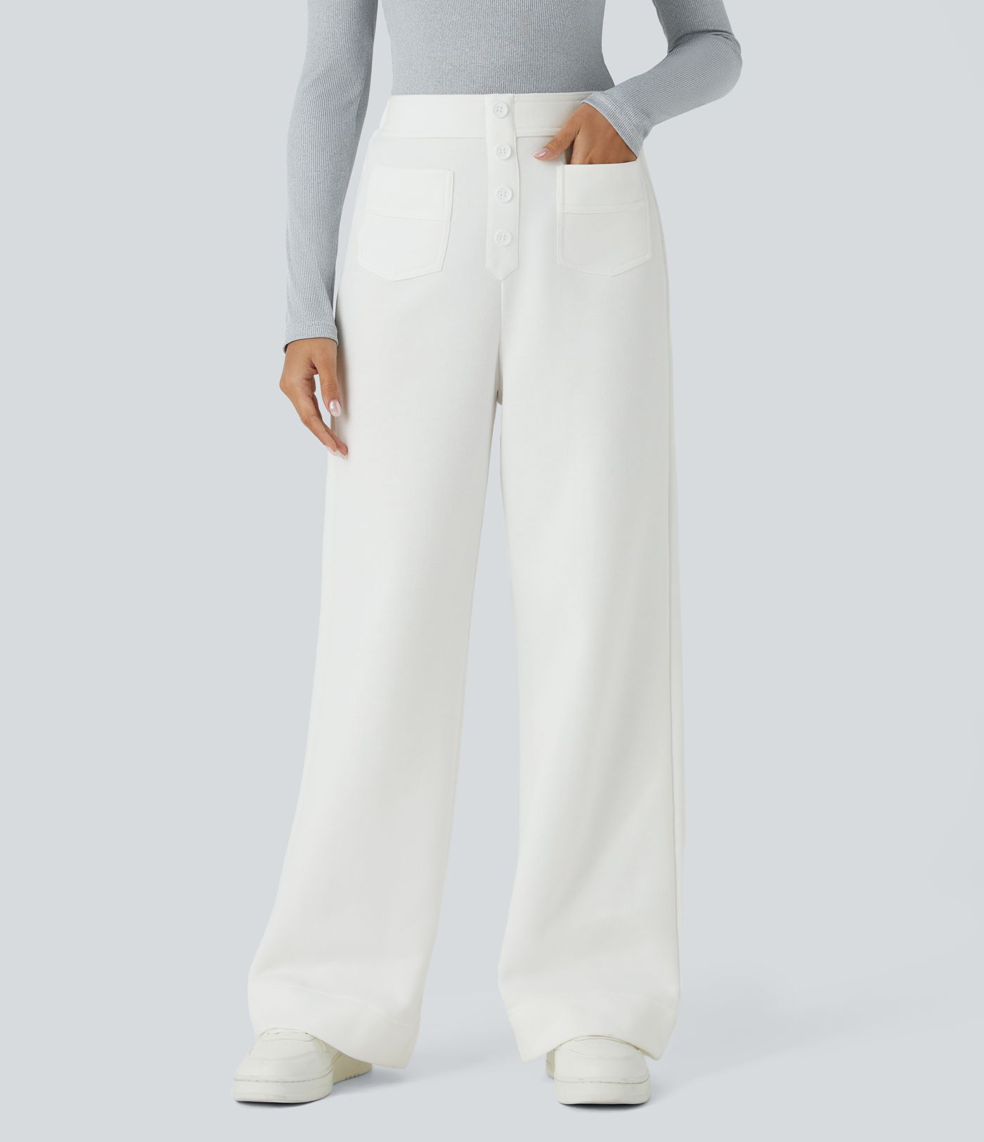 High Waisted Pockets Straight Leg Fleece Casual Pants
