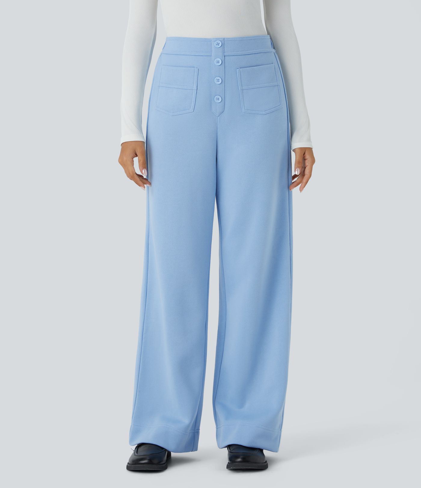 Pantalon Jogging en Fleece Thermique Jambe Droite Boutons Taille Haute Plusieurs Poches