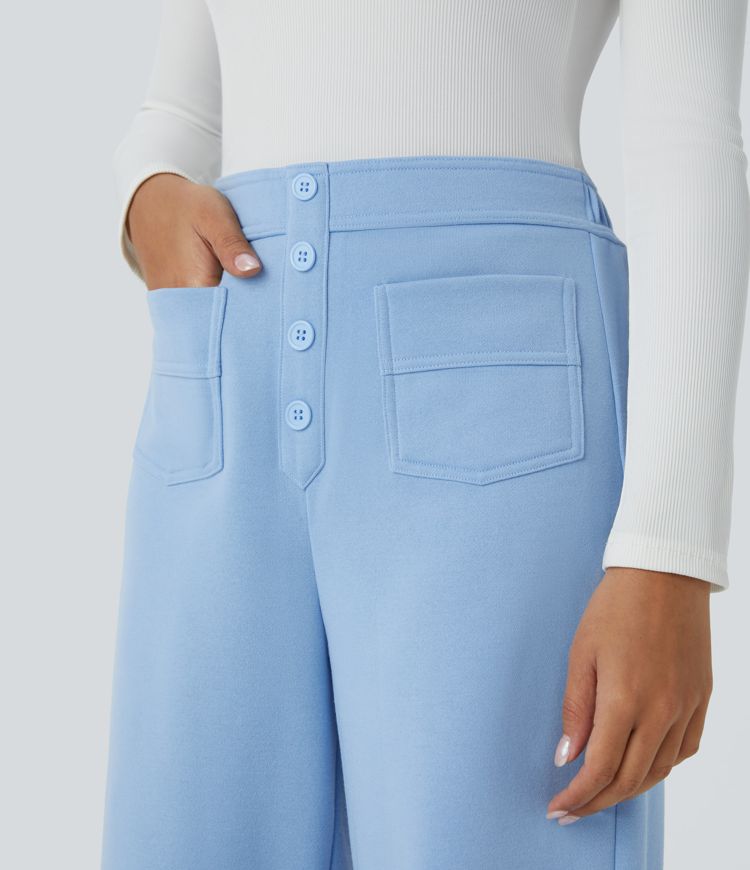 Pantalon Jogging en Fleece Thermique Jambe Droite Boutons Taille Haute Plusieurs Poches