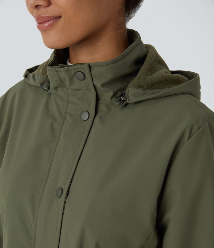 Veste longue de randonnée en polaire avec capuche amovible et col montant