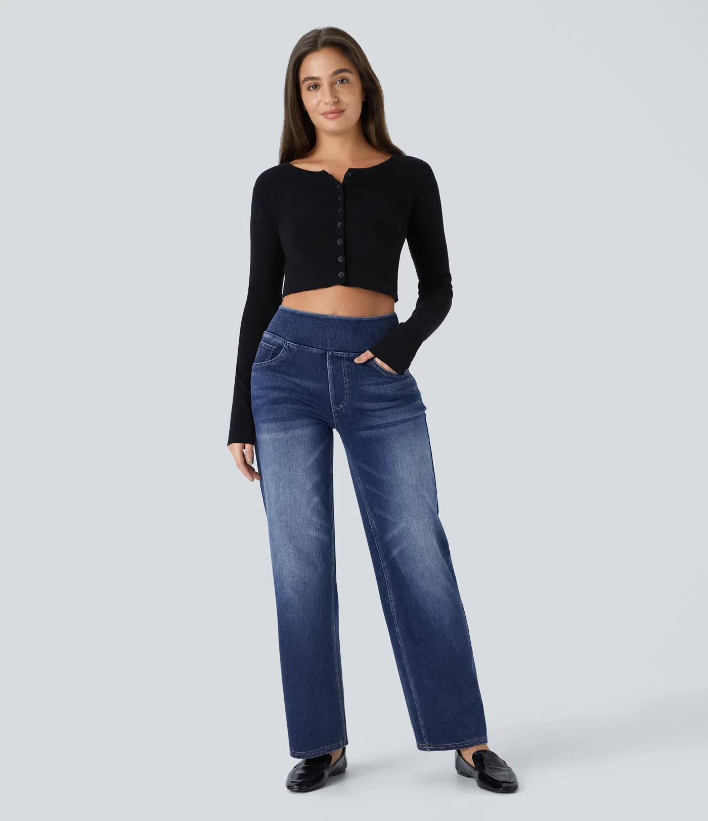 Halara Flex™ Jeans mit hohem Bund, mehreren Taschen, geradem Bein, verwaschenem