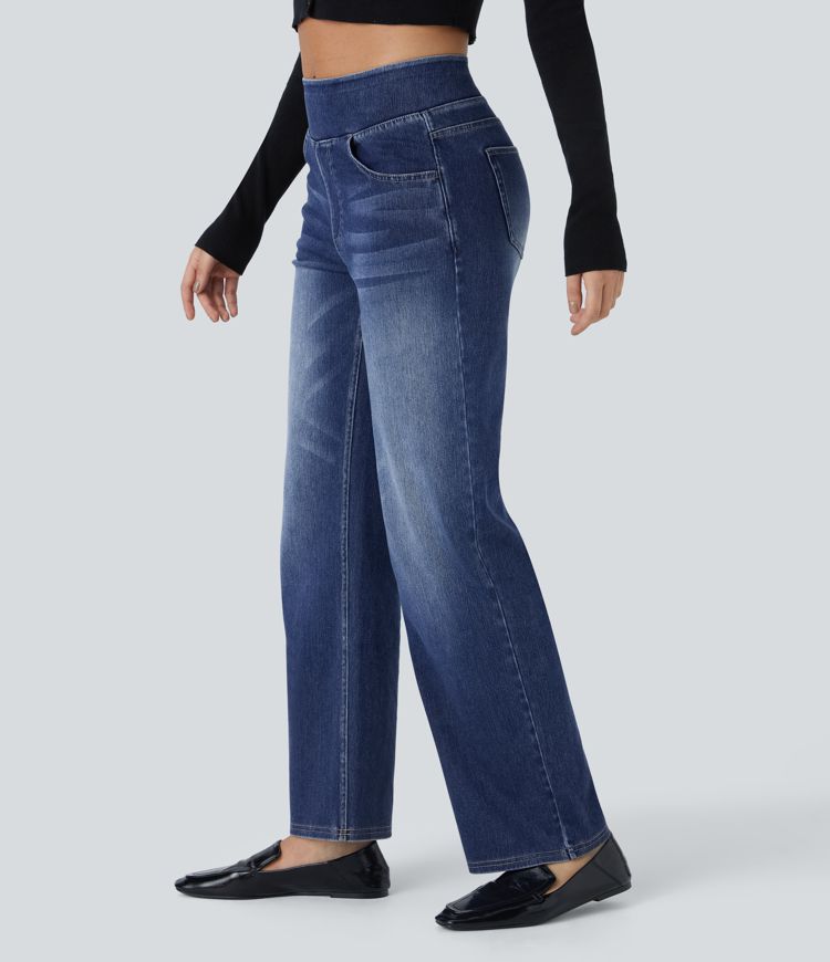 Halara Flex™ džíny s vysokým pasem, rovné, vyprané, s kapsami, vhodné pro volný čas