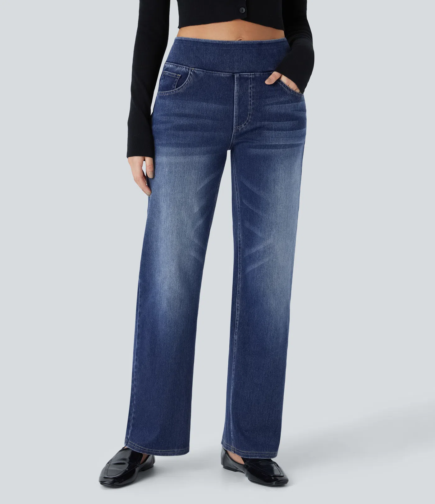 Halara Flex™ Jeans mit hohem Bund, mehreren Taschen, geradem Bein, verwaschenem